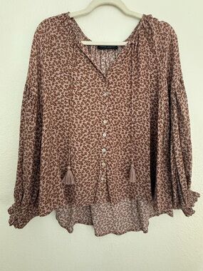 Women's Floral Button-Front Blouse in Mauve Brown